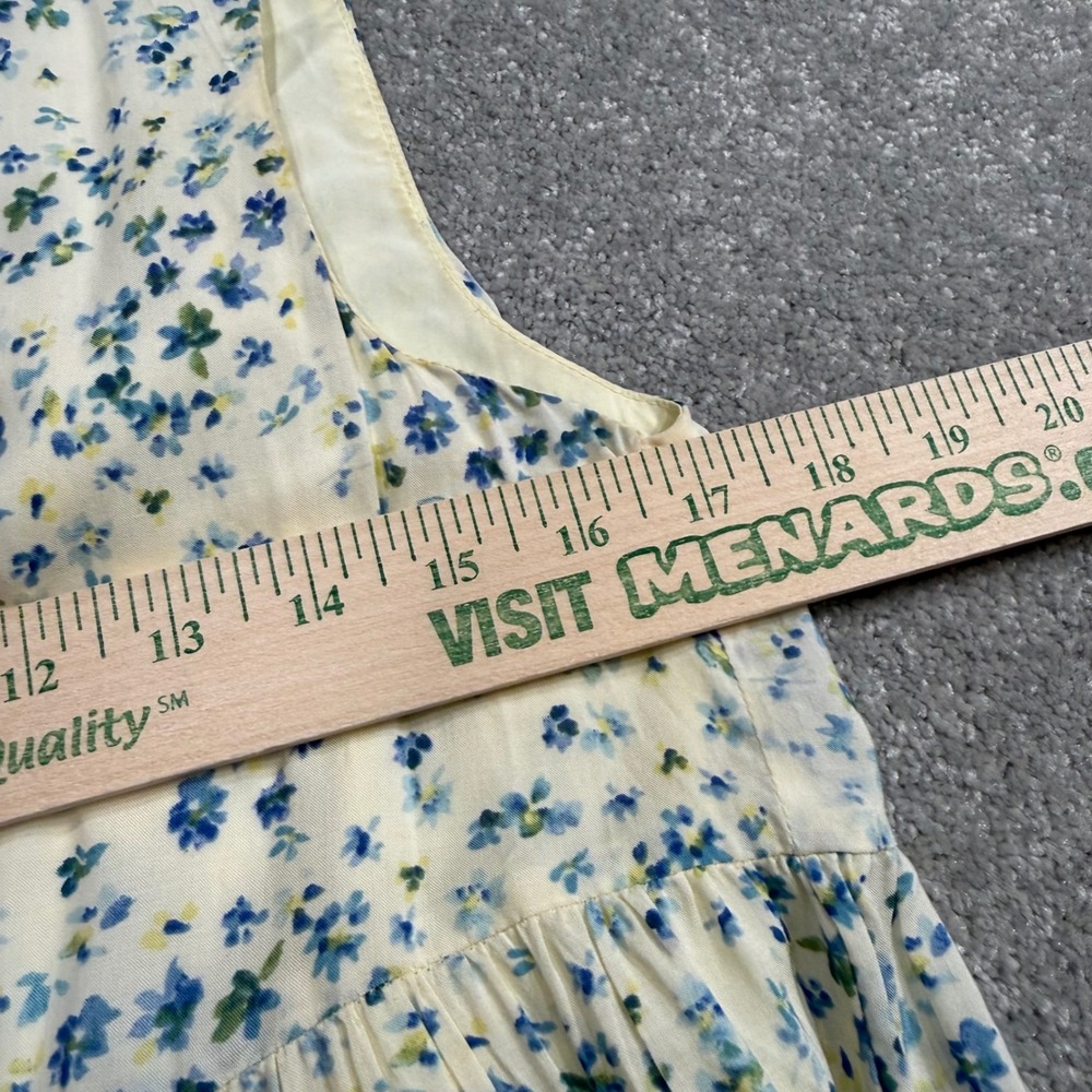 AQUA Yellow Blue Floral Tiered Mini Dress Ruffle Tie Neck Sleeveless Small Flaw - Picture 13 of 14